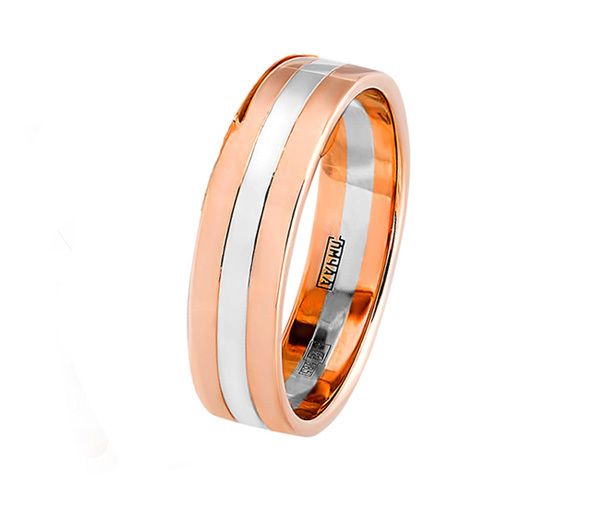 Обручальное кольцо плоское двусплавное из красного и белого золота