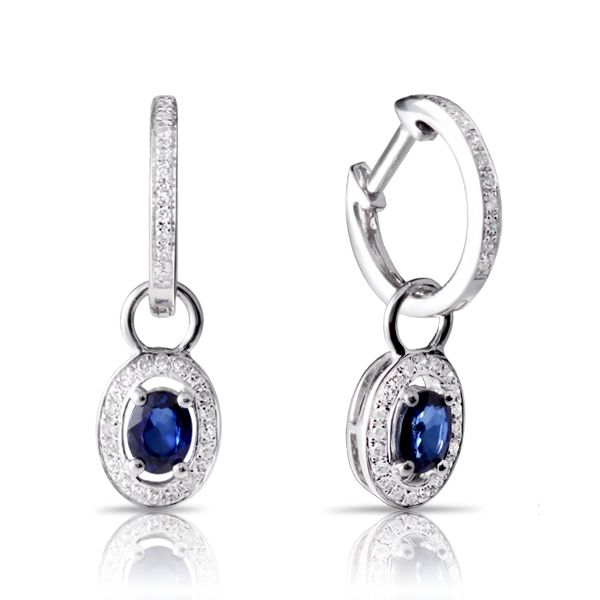 Серебряные серьги-кольца с овальной подвеской, инкрустированные фианитами и синим камнем  - фото 750845 mistery26