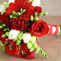 Букет невесты в красно-белых тонах из фрезий, роз и гербер 