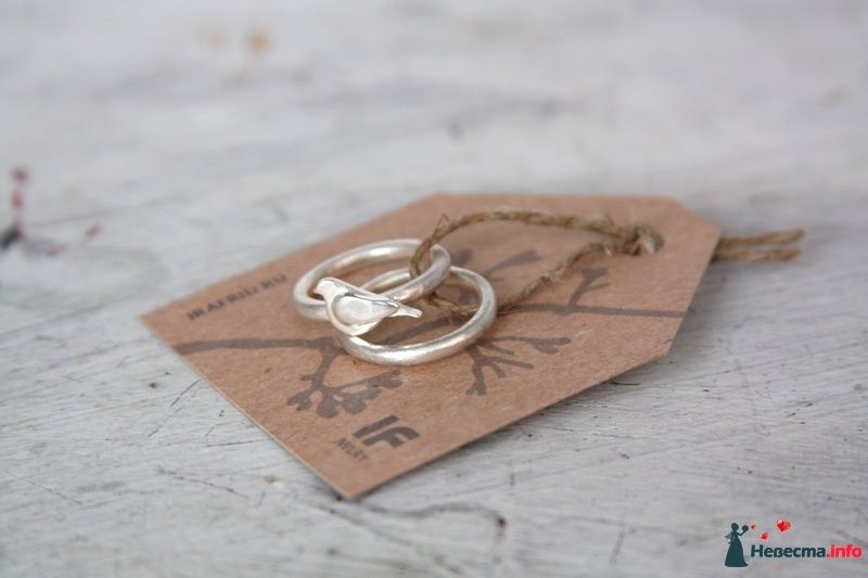 Серебряные обручальные кольца, соединенные шпагатом и этикеткой салона.Одно из колец оформлено птичкой. - фото 411470 наперегонки