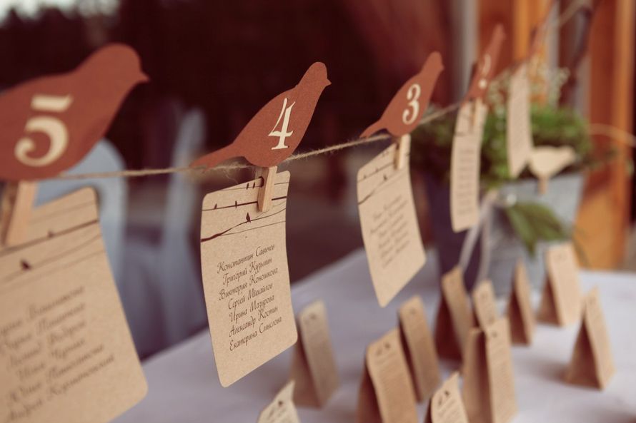 План рассадки гостей на свадебном банкете в виде карточек с номерами столов и именами гостей, оформленный на веревочках с - фото 1671297 Свадебное агентство Art Jam