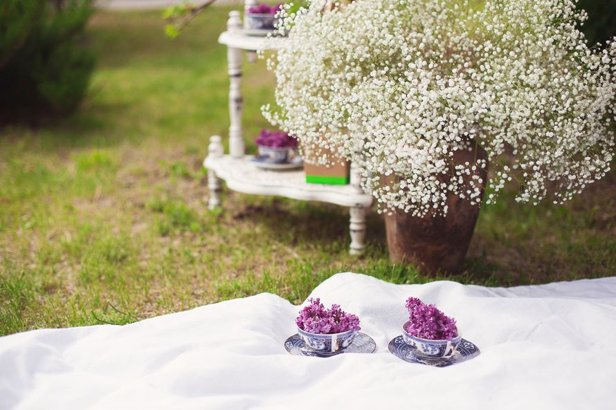 На белой скатерти стоят чашки с цветами сирени, а рядом ваза с белыми мелкими цветами - фото 2439641 Фотограф Елизавета Климочкина