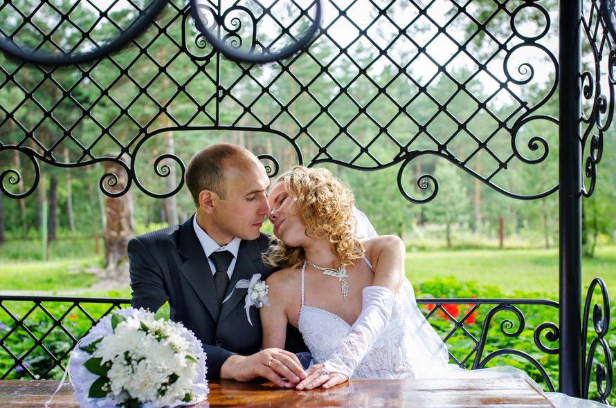 Жених и невеста в кованой беседке, Бийск - фото 3656419 Фотограф Максим Блинов