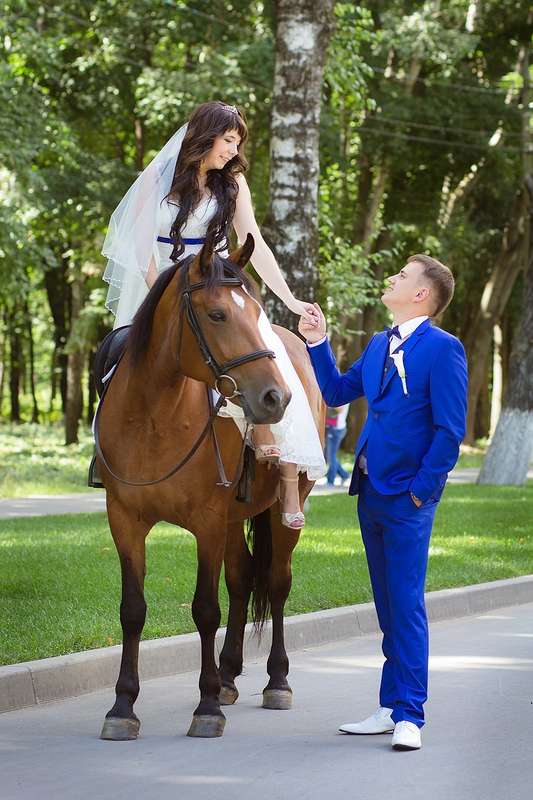 Жених держит за руку невесту, которая сидит верхом на лошади - фото 3347109 Стилист - визажист Маргарита Гуз