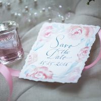 Коллекция полиграфии "Воздушные цветы": приглашения, конверт, меню, рассадочные карточки, save the date. Студия "Настя Рай"