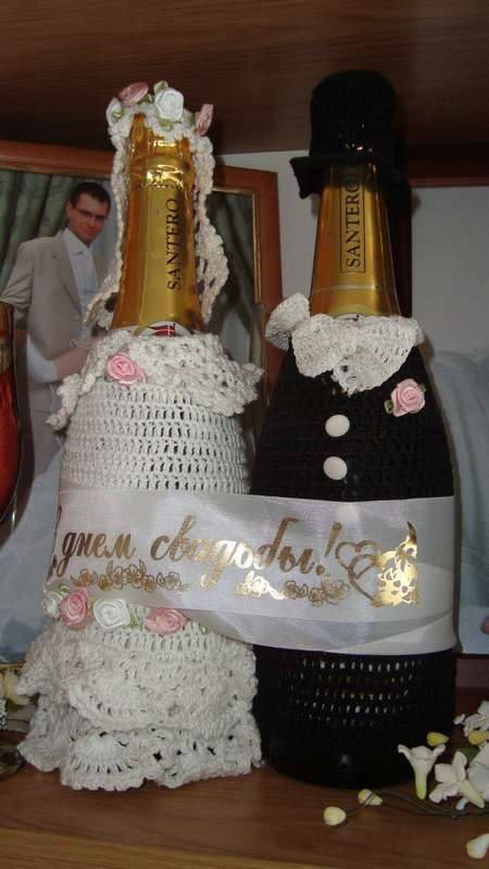 Свадебные бутылки, филейное вязание, ручная работа - фото 10582922 Оформители Hand made master