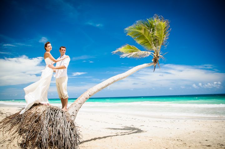 На лазурном побережье,жених с невестой стоят на пальме,она в белом сарафане и он в белых шортах и белой рубашке - фото 2477465 Wedding in Dominicana - свадьбы в Доминикане  
