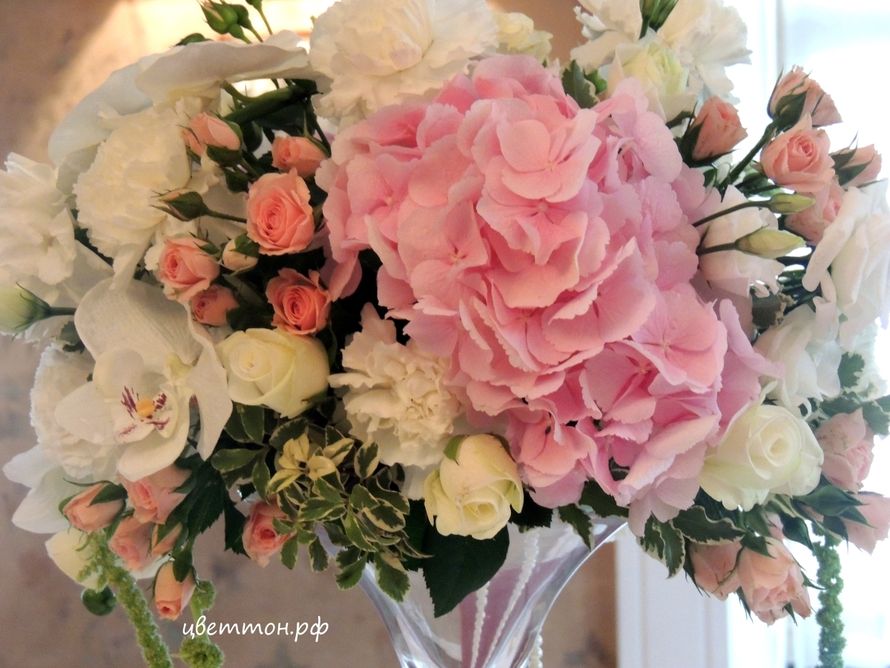 Композиция на стол гостей в мартинке на высокой ножке. Гортензии, кустовые розы, фаленопсисы и конечно жемчуг. - фото 3745915 Мастерская цветочного декора "Цветтон"