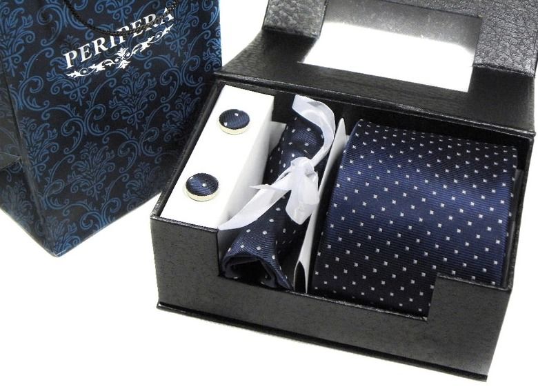 Комплект: галстук, запонки, платок темно-синий в горошек
