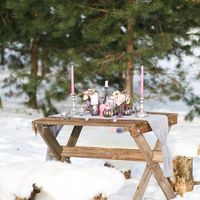 Оформление зимней свадебной фотосессии в серых и розовых тонах.